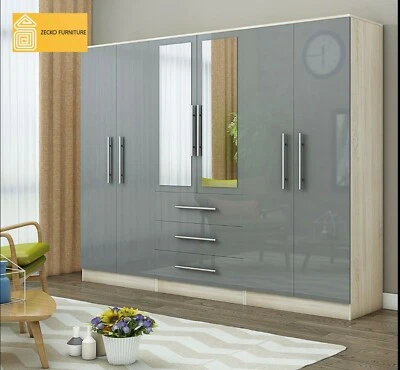 UNIQUE Large 6 Door Mirrored Modern Wardrobe – High Gloss Grey/Black/White – 3 Drawers