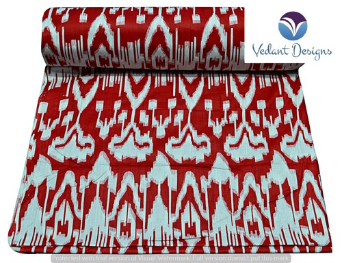 5 Yard Cotton Red Hand Block Ikat Fabric Natural Dyes Indian - Picture 3 of 5