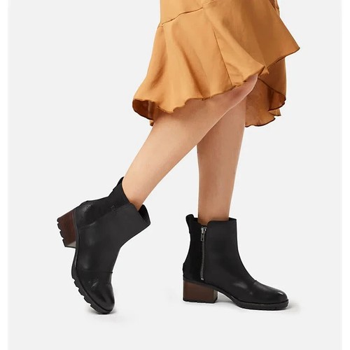 Sorel Cate Ankle Bootie Size 10 Black Leather and Suede Block Heel Waterproof - Picture 7 of 11