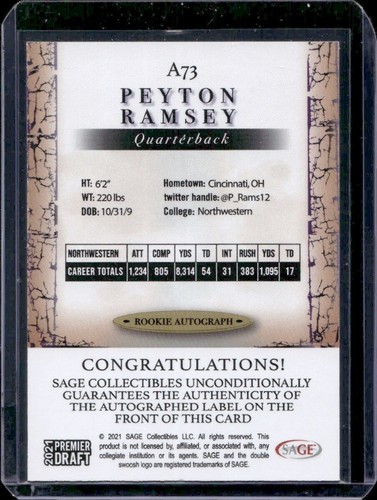 Peyton Ramsey 2021 Sage Premier Draft Red Border Auto Autograph Rookie - Picture 2 of 3