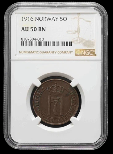 Norway 1916 5 Ore Haakon VII Key Date Lowest Mintage: 300,000 NGC AU 50 BN Km368