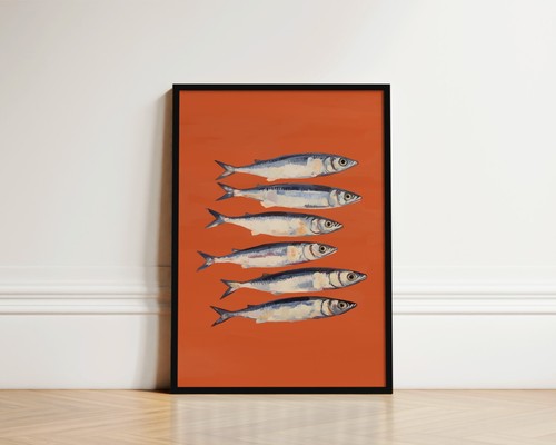 Stampa artistica sardine arancioni cucina pesce quadro poster vintage opera d'arte da parete regalo