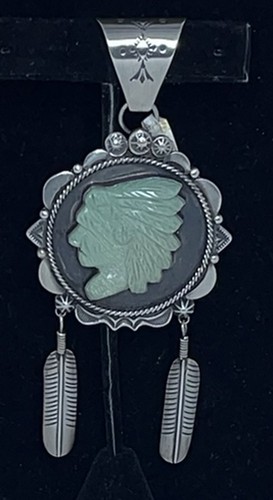 Chaco Canyon Green Carved Turquoise Sterling Silver HEADDRESS Pendant - Picture 2 of 12