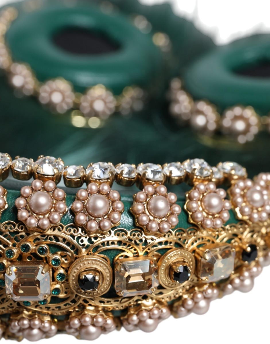 DOLCE & GABBANA Headphones Green Gold Crystal Fur Headset