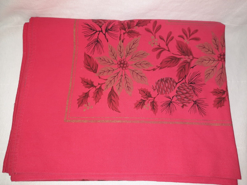 MCM Festive Christmas Tablecloth Red w/ Black Pine Boughs Gold Poinsettia 50"x62 - Picture 8 of 10