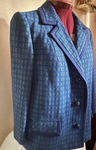 1950s Jackie O Turquoise Cobalt Plaid England WOOL Double Knit Coat Bracelet Slv - Picture 8 of 8