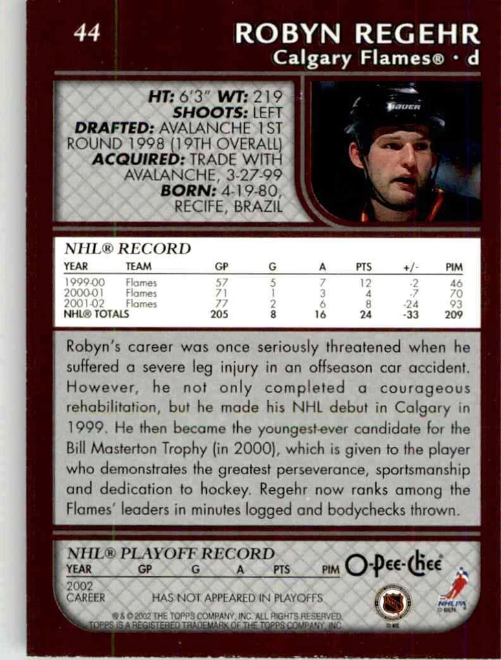 2002-03 O-Pee-Chee Robyn Regehr #44 - Image 2 of 2