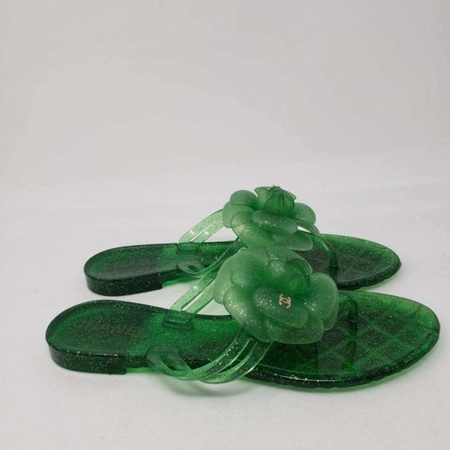 Sandalias Chanel Verde Jalea Entrelazadas CC Camelia 35 EU Goma - Imagen 8 de 10
