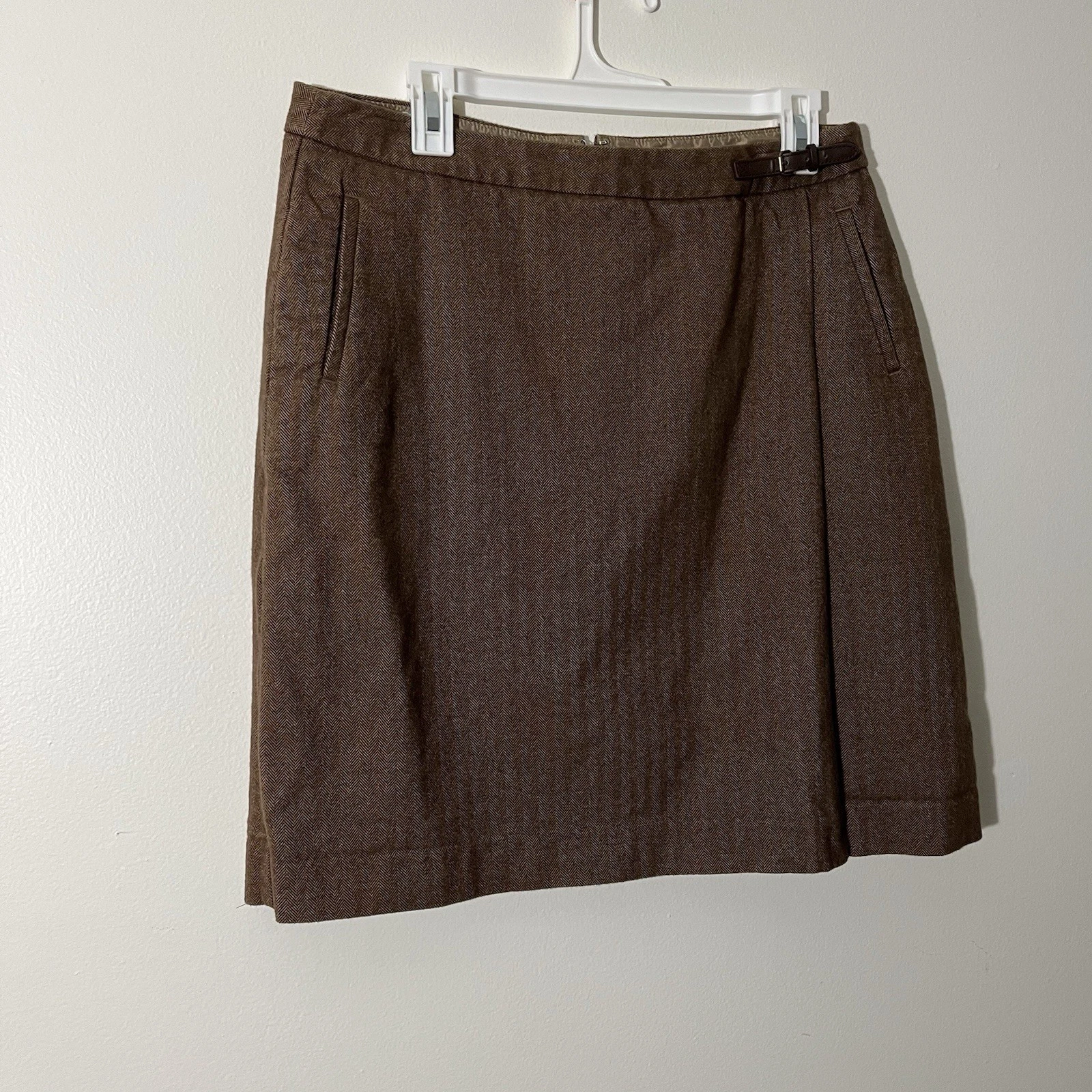 L.L. Bean Women’s Faux Wrap Academia Mini Skirt Brown Herringbone Size 12
