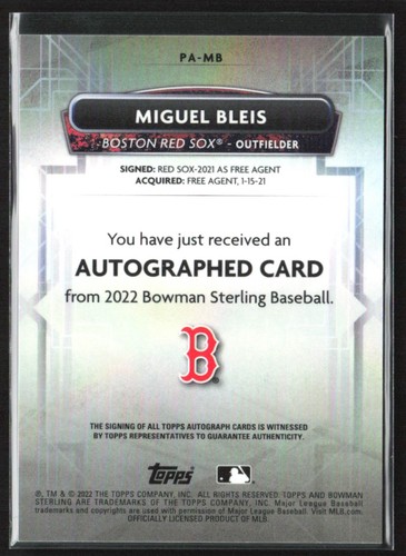 Miguel Bleis 2022 Bowman Sterling Prospect Auto #PA-MB Boston Red Sox - Picture 2 of 2