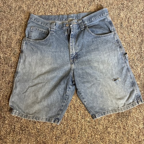 Vtg Wrangler Medium Wash Denim Jort Shorts Relaxed Baggy Carpenter Sz 33 Distres - Picture 2 of 10