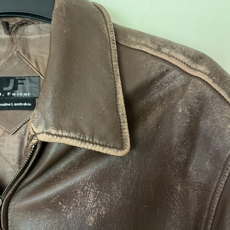 Vtg Men’s J Ferrar Men’s Medium Leather Distressed Aviator Bomber Coat Jacket - Image 2 of 4