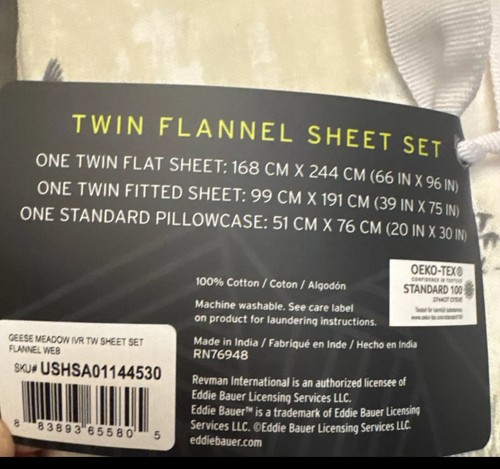 Eddie Bauer Neu mit Etikett Baumwolle Twin Flanell Laken Set Gänse Wiese Elfenbein & Grau - Bild 3 von 4