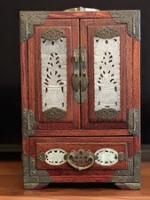 Vintage Liberty Chinese Rosewood Jewellery Chest Nephrite Jade Brass Box