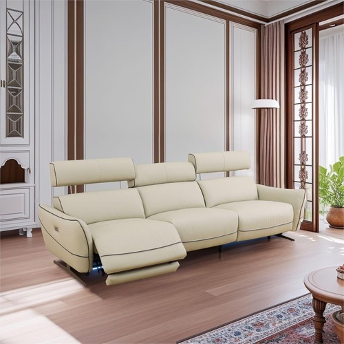 Beige Top Grain Leather 3 PCS Living Room Recliner Sofa Set with LED LIGHTS - Picture 3 of 13