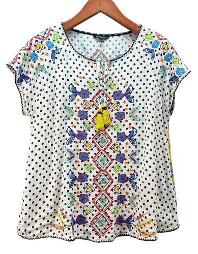 John Mark Sz S Polka Dot Embroidered Blouse Top Tassels Yellow Floral Back Boho - Picture 3 of 10