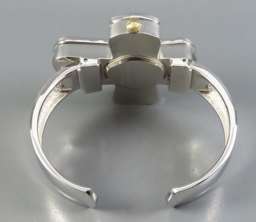 GENEVA Silver w/Gold BANGLE WRIST WATCH Big Cross w/Heart COVERED DIAL Christian - Picture 3 of 5