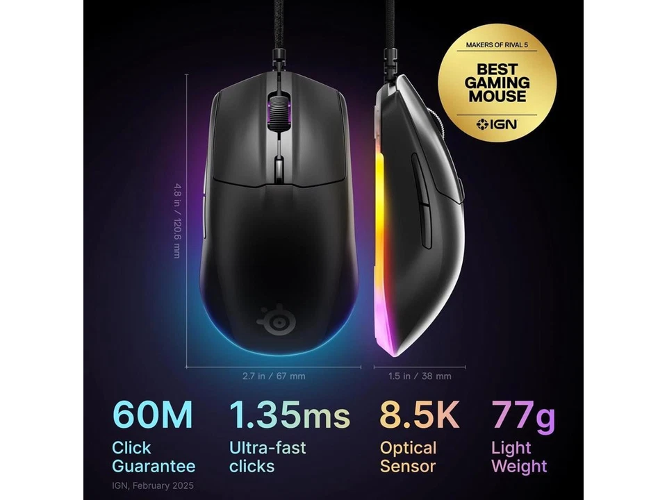 SteelSeries Rival 3 Gen 2 Gaming Mouse — 8500 DPI TrueMove Core Optical Sensor, - Image 2 of 4