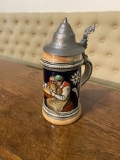 Vintage German Beer Stein Tankard With Pewter  Lid Ceramic