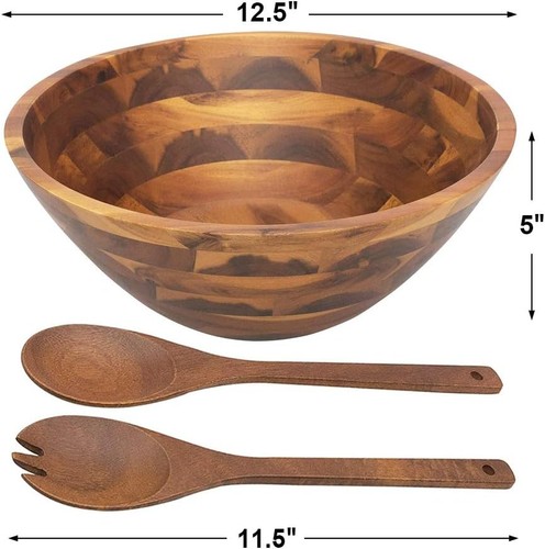 Elegante 12,5" Akazienholz Salatschüssel Set mit Servierutensilien - Handarbeit - Bild 7 von 7