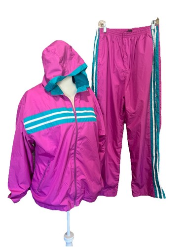 Vintage 90er Damen Retro Jacke Hose Set Windbreaker Large lila türkis seitliche Reißverschlüsse