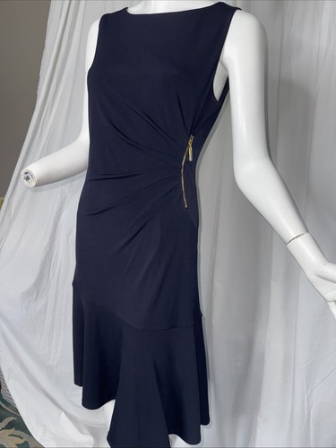 Abito Carmen Marc Valvo taglia S blu navy elasticizzato finto avvolgente tono oro cerniera - Foto 2 di 6