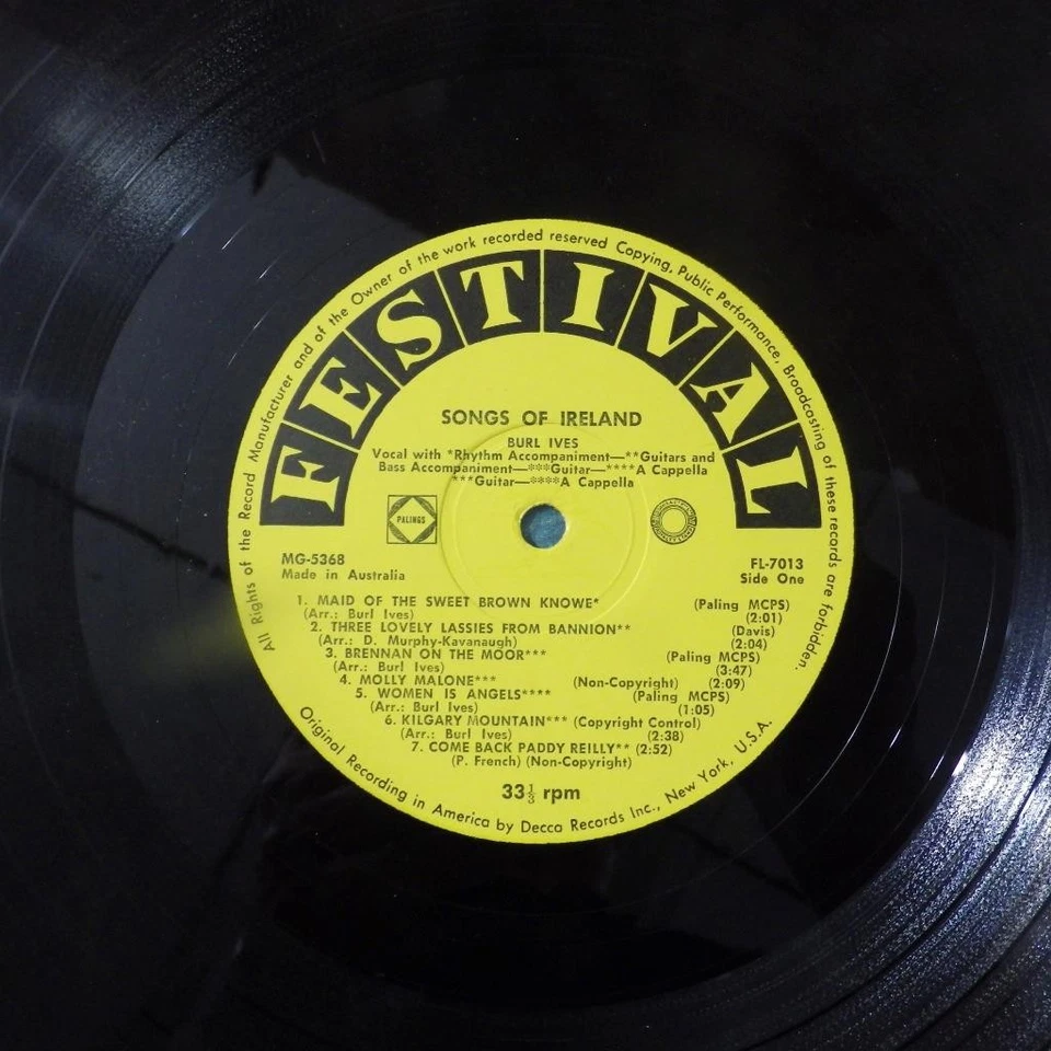 Burl Ives songs of Ireland 33 rpm LP record album VG+ VG Aus festival record - Image 3 of 4