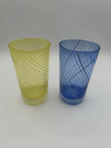 2 Eastern Hand Blown Blue Yellow Swirl Art Glass TALL Tumblers Drinking 6”x 3.5”