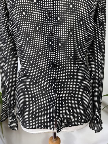 Vintage 1990s Wallis Black Spotty Chiffon Blouse 70s Style Flared Cuffs Size S - Picture 4 of 9