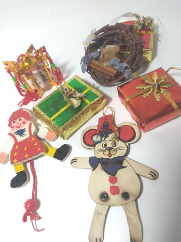 7 Vtg Christmas Ornaments Jumping Jack Girl Chinese Lantern Mouse Foil Presents  - Picture 1 of 20