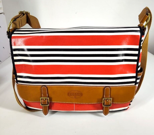 Fossil Key Per Purse Red Stripes Coated Canvas Laptop Messenger Bag