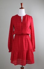 ANN TAYLOR LOFT $110 Solid Red Pleated Lined Flounce Hem Blouson Dress Size XS