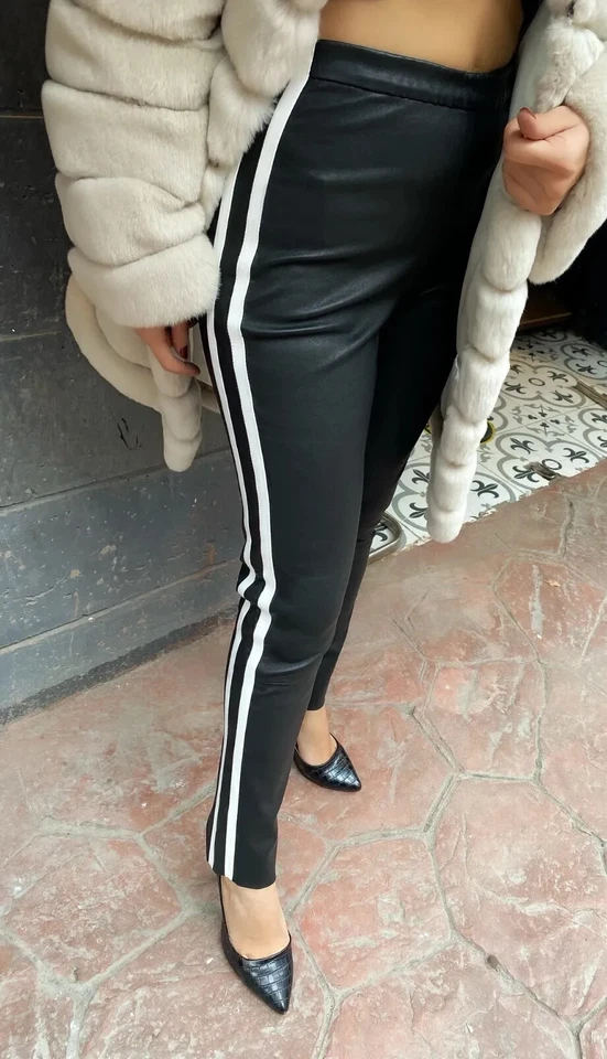 Women's Leather Pant White Stripe On Side 100% Lambskin Jogging Stylish Pant - Image 2 of 4
