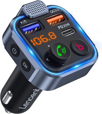 Lencent FM Transmitter In-Car Adapter Type-C PD 20W QC 3.0 Fast USB Charger,