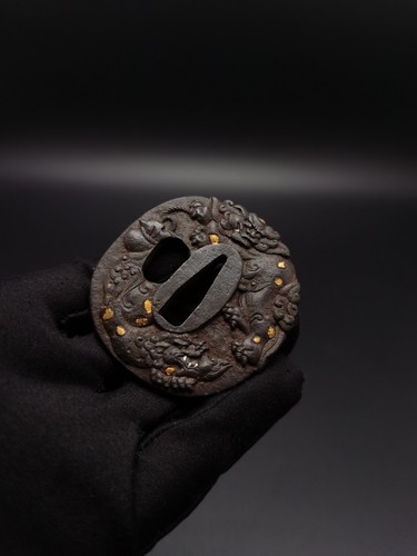 Perro León Sowrd Japonés y Peonía Tsuba para Wakziashi, Antiguo período Edo, A124 - Imagen 10 de 12