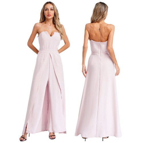 Damen Spaghettiträger Jumpsuit Schulterfrei Weites Bein Seitenschlitz Strampler Tasche - Bild 35 von 85