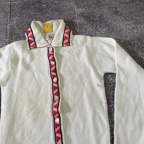 NWT Girl's Vintage 70's Sherri Acrylic White Red Blue Button Up Sweater Sz 6 NEW - Picture 2 of 4