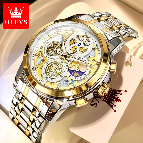 New Men's Luxury Skeleton Quartz Watch Gold Waterproof Stainless Steel Analogue - Imagen 3 de 14