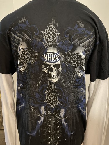 NHRA Langarm Skulls Cross schwarz T-Shirt Drag Racing Race blaue Flügel LARGE - Bild 5 von 8