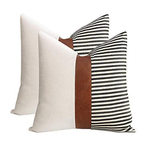 Set of 2 Farmhouse Decor Stripe Patchwork Linen Throw Pillow 18x18 inch Black - Picture 1 of 6