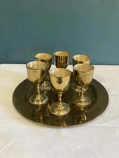 Vintage Solid Brass Goblet Set with Tray – 6 Small Cups & Serving Tray R Albanez