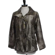 Joan Boyce Womens M Cinched Waist Zip Front Collar Basic Jacket Gold/Brown Gold