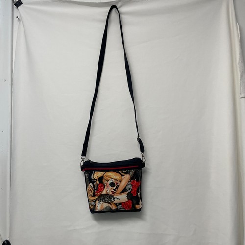 Crossbody Purses Canvas Bag Skulls / Rose Lady Fabric and Canvas Black Handmade - Picture 3 of 7