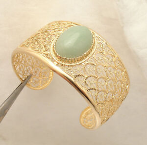 Technibond-Green-Jade-Gemstone-Cuff-Bangle-Bracelet-14K-Yellow-Gold-Clad-Silver