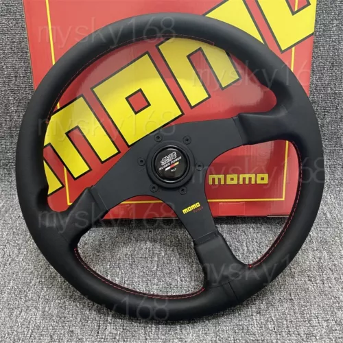 Mugen Genuine Leather Steering Wheel Flat bracket 340mm Horn Red Stitching - Picture 3 of 7