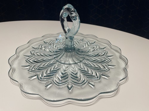 Jeannette Glass Light Blue Feather Handle Tidbit Sandwich Plate Tea Tray Vtg - Picture 10 of 14
