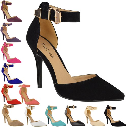LADIES WOMENS HIGH HEEL POINT TOE STILETTO SANDALS ANKLE STRAP COURT SHOES SIZE - Picture 2 of 49