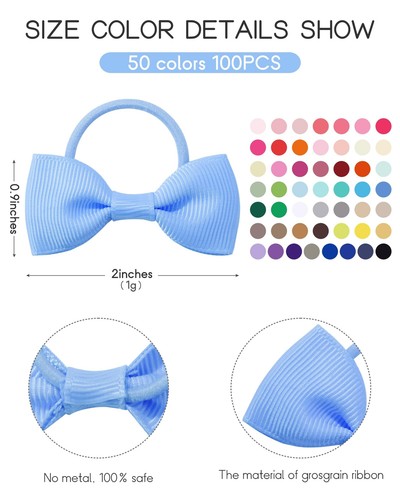 100PCS 2 Inch Baby Girls Hair Bows Ties Ribbon Elastic Bands for Toddlers - Picture 2 of 9