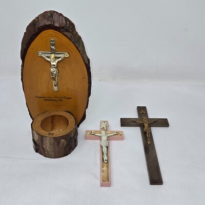 VINTAGE REAL WOOD LOG HOLY WATER FONT WELLSBORO, PA GRAND CANYON & 2 CRUCIFIXES