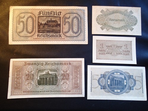 NICE CONDITION WW II BANKNOTES NAZI GERMANY GERMAN 1+2+5+20+50 REICHSMARK - Picture 2 of 2